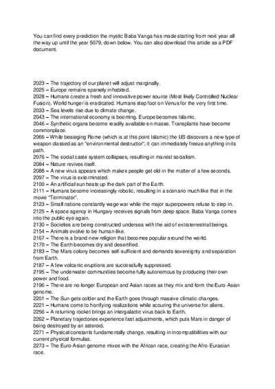 Baba Vanga Prediction List By Year