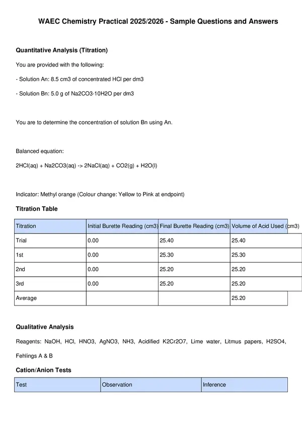 WAEC 2025 Chemistry Practical Guide