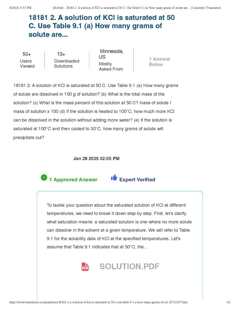 KCl Saturation Levels at 50°C and Solubility Changes