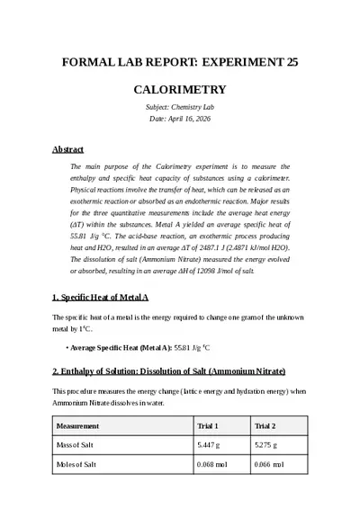 Lab Report Experiment 25 Calorimetry