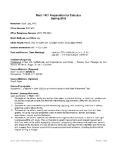 Math 1421 Preparation for Calculus Syllabus Spring 2016