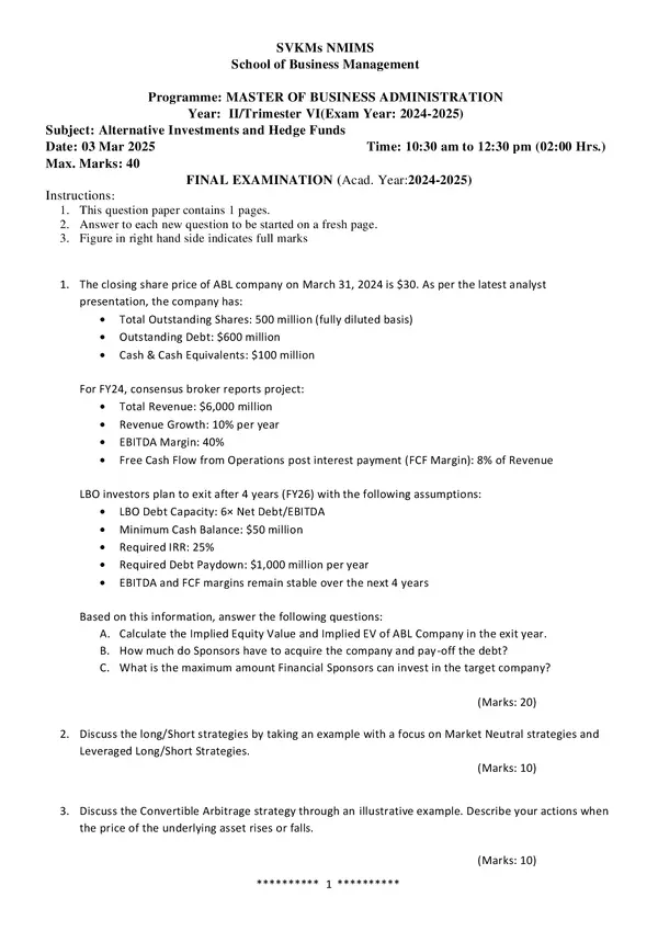 QP Final Exam Alternative Investments And Hedge Funds(803FI0E039) Trimester VI 2024 2025