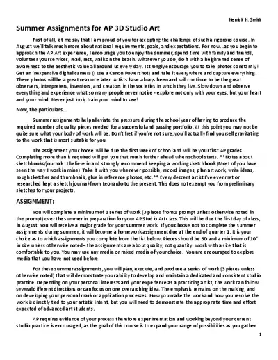 Smith Summer Assignments For AP 3D Studio Art