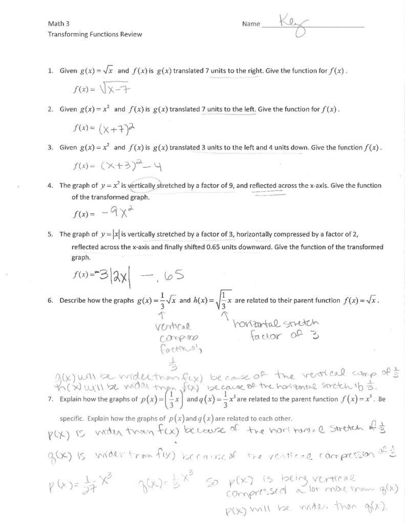 Transformation Functions Review Answer Key