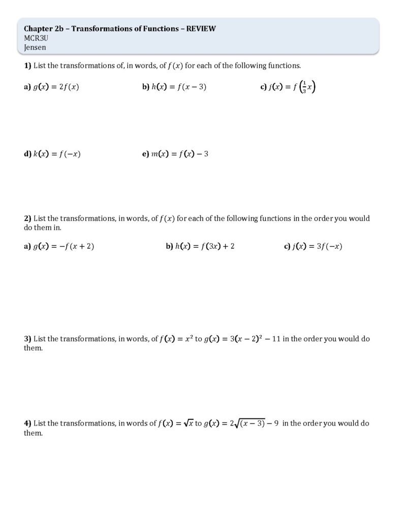 Transformations of Functions Review for MCR3U