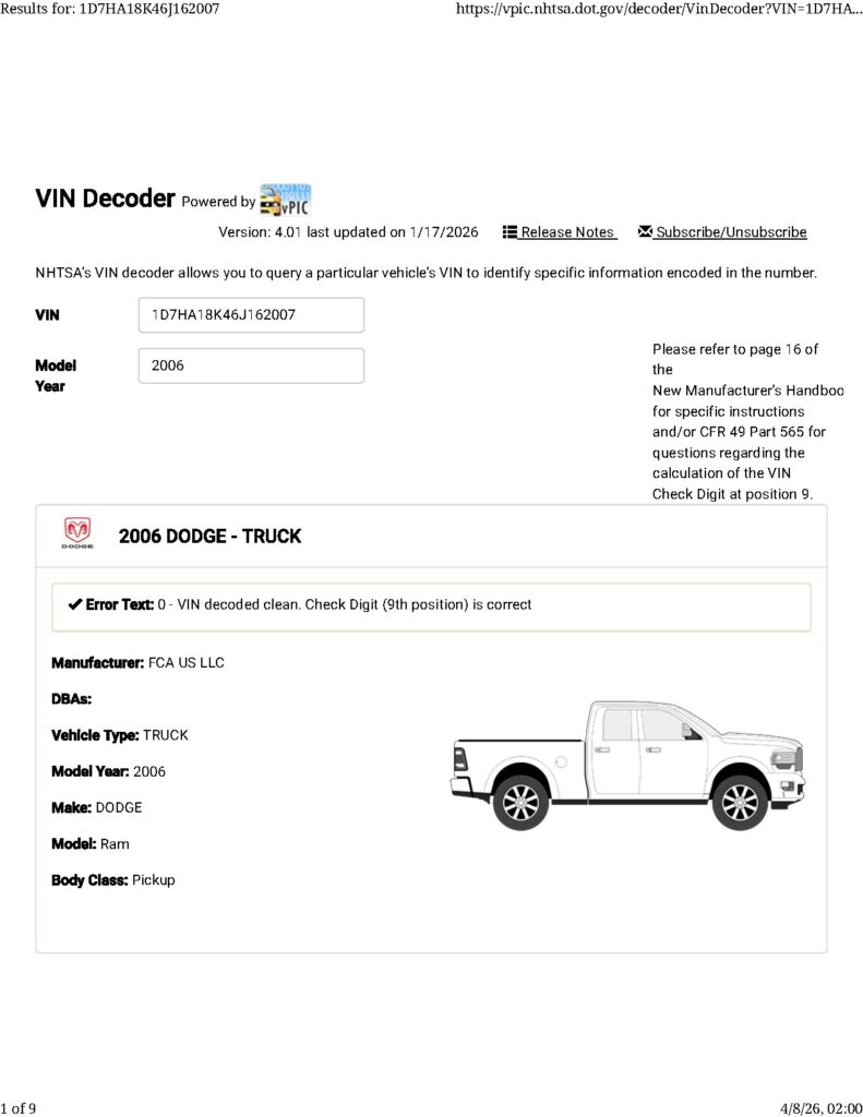Dodge Ram Pickup 2006 VIN Information and Specifications