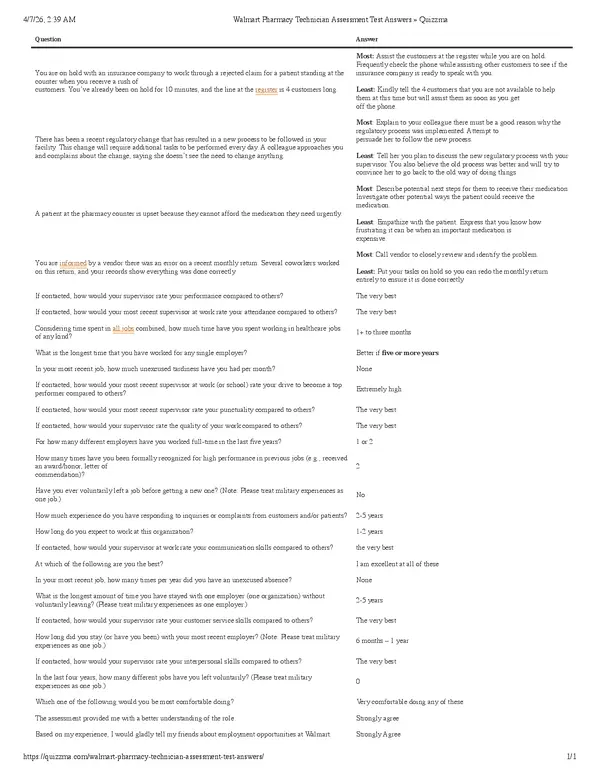 Walmart Pharmacy Technician Assessment Test Answers