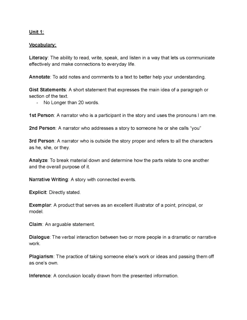 9th Grade Literature Vocabulary Units 1 and 2