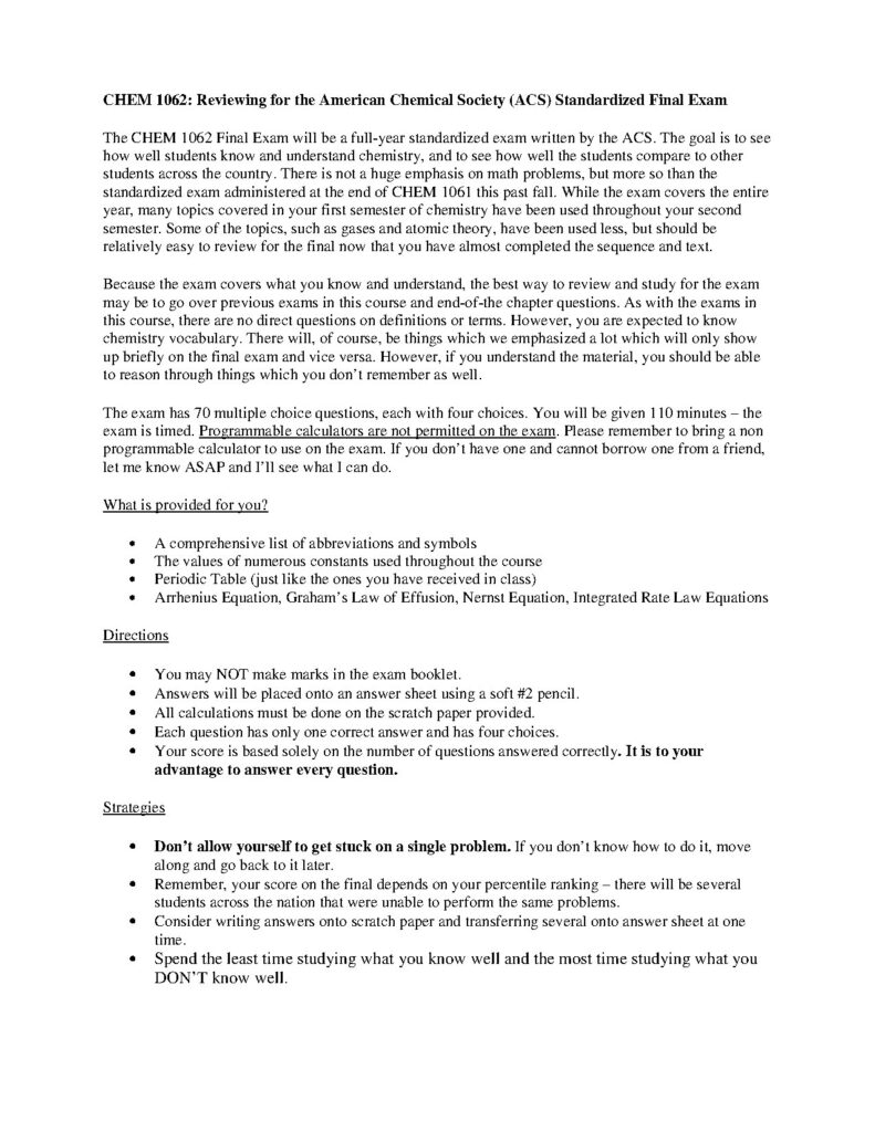 ACS Standardized Final Exam Review for CHEM 1062