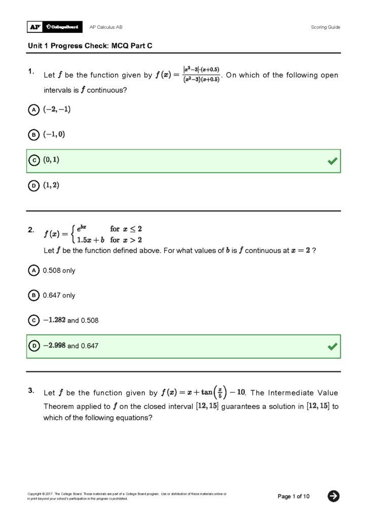 AP Calculus AB Unit 1 Progress Check MCQ Part C