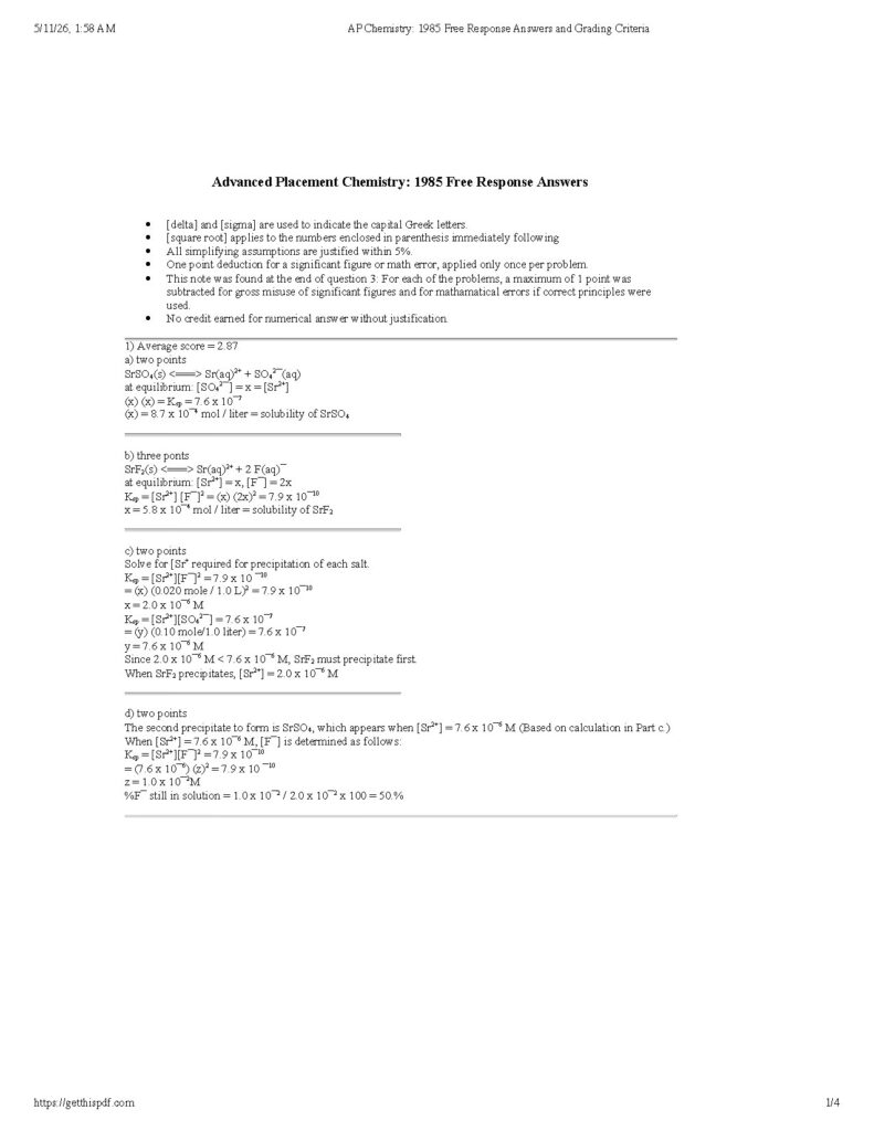 AP Chemistry 1985 Free Response Answers and Grading Criteria
