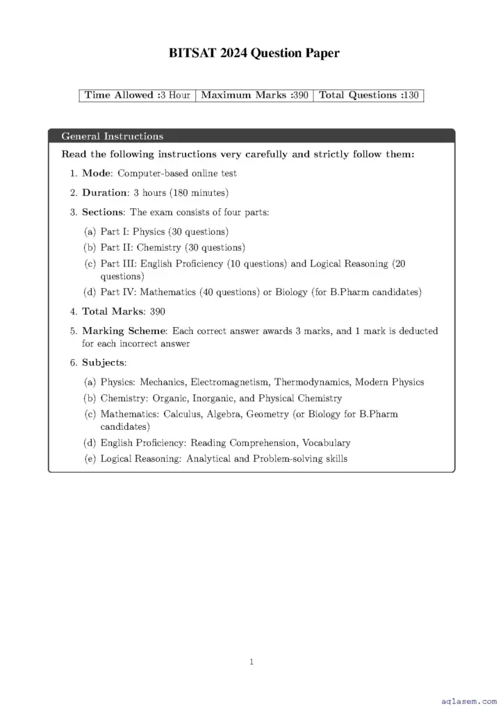 BITSAT 2024 Question Paper