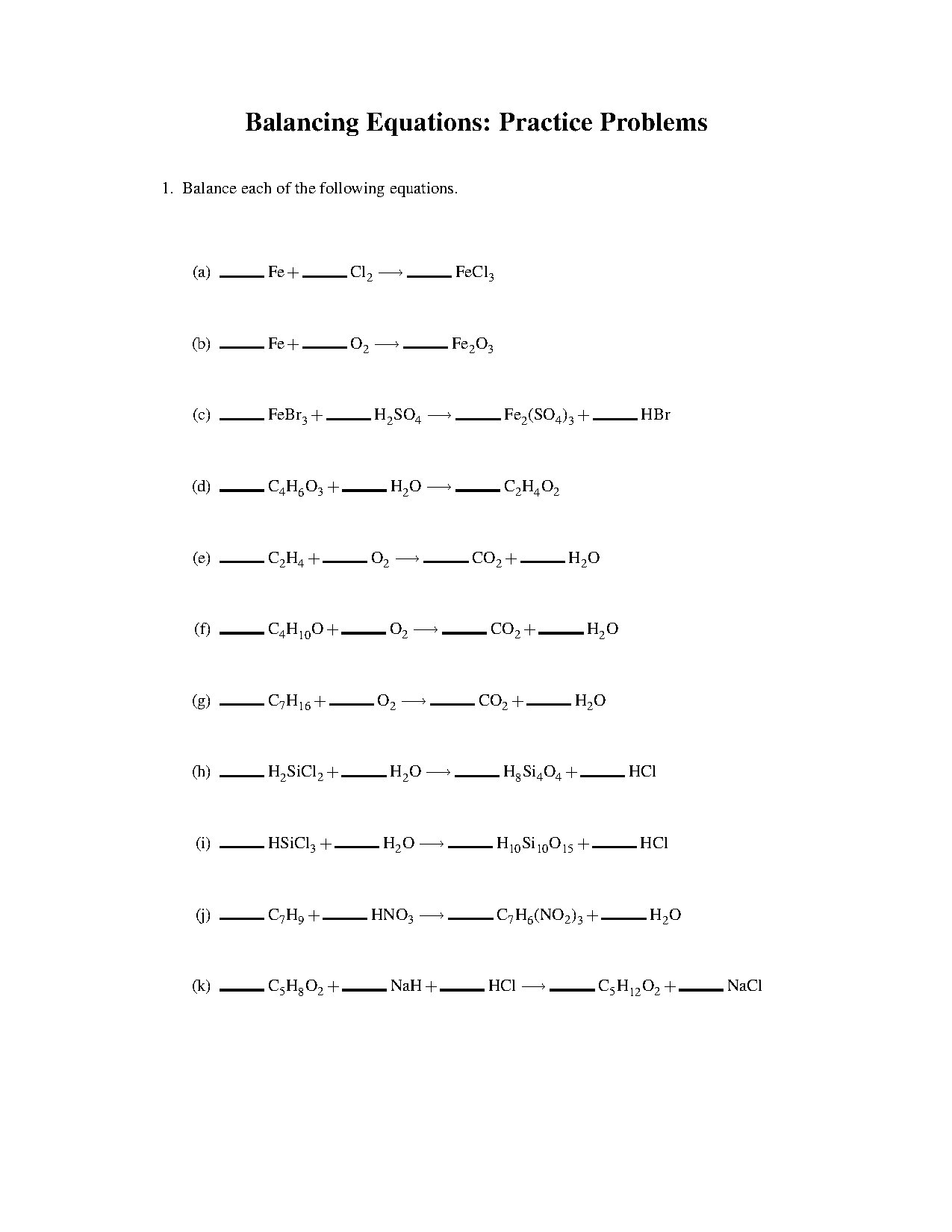 Balancing Chemical Equations Practice Problems and Solutions