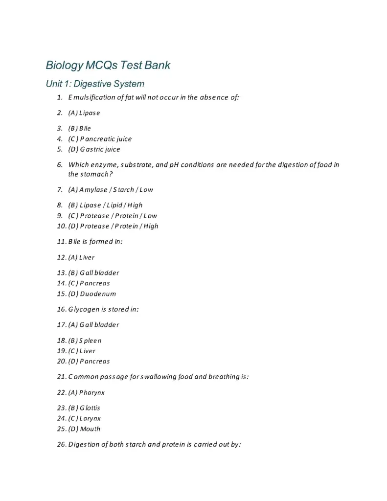 Biology MCQs Test Bank for Grade 10 Students