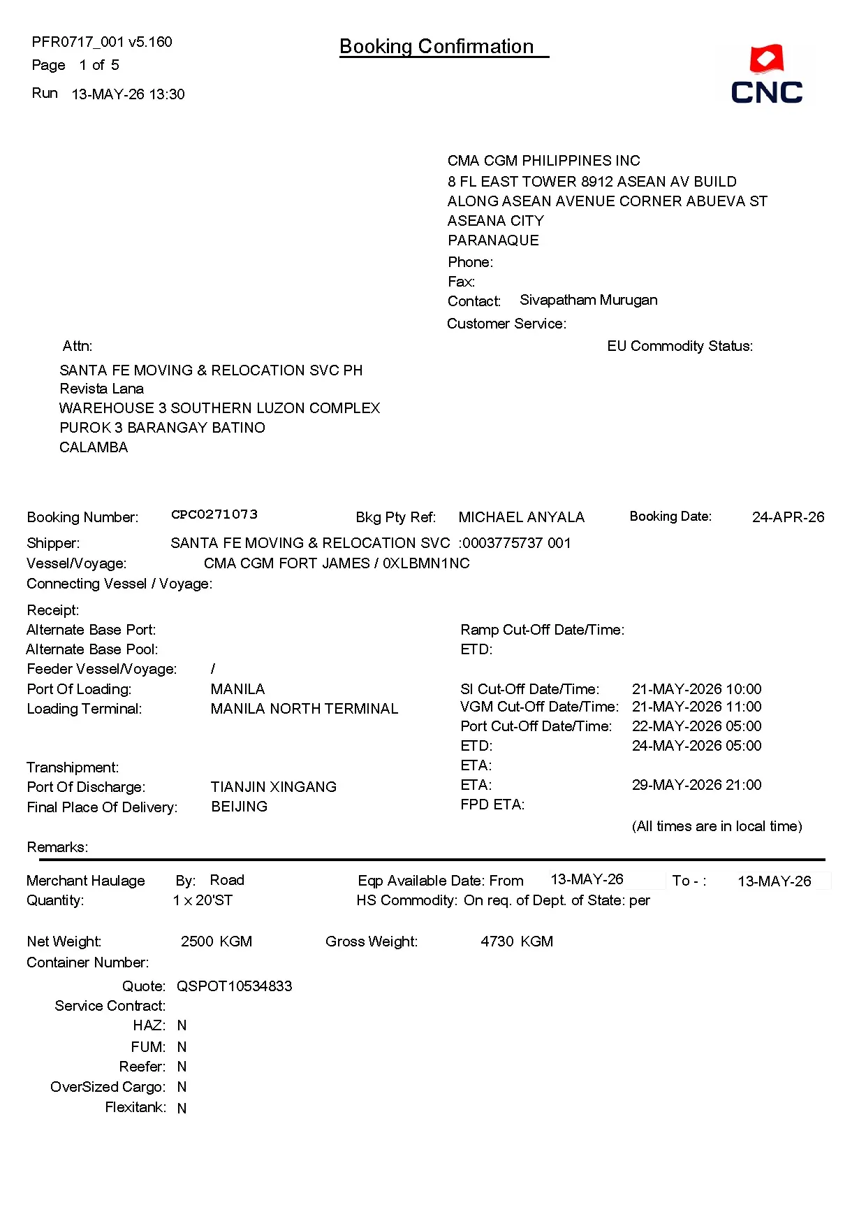 Booking Confirmation CPC0271073