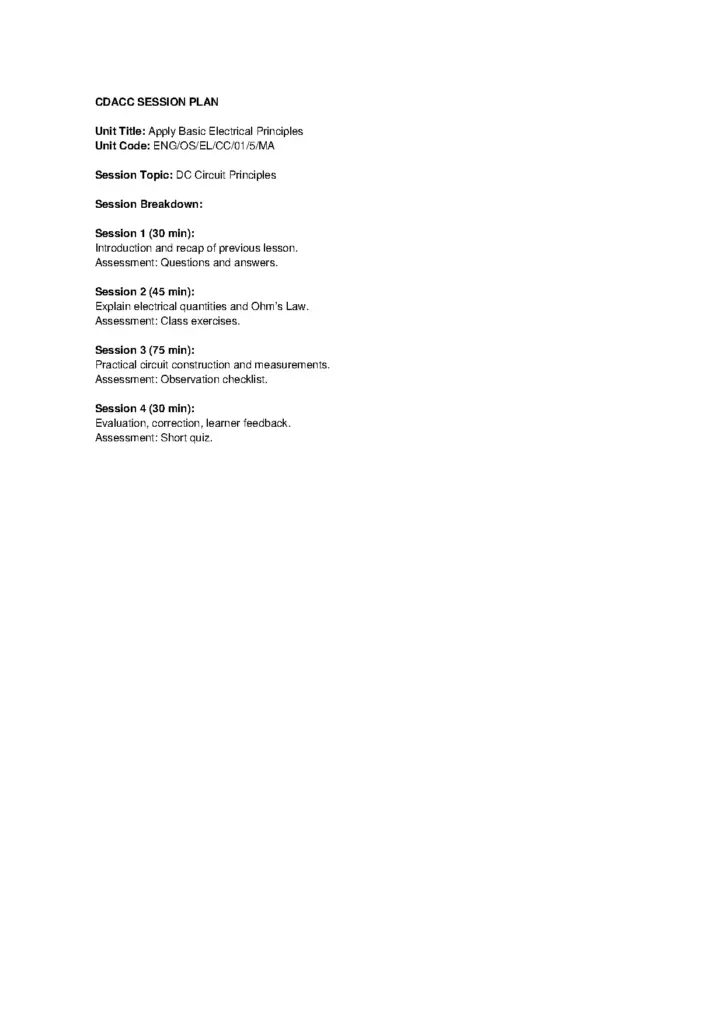 CDACC Session Plan 1: Apply Basic Electrical Principles