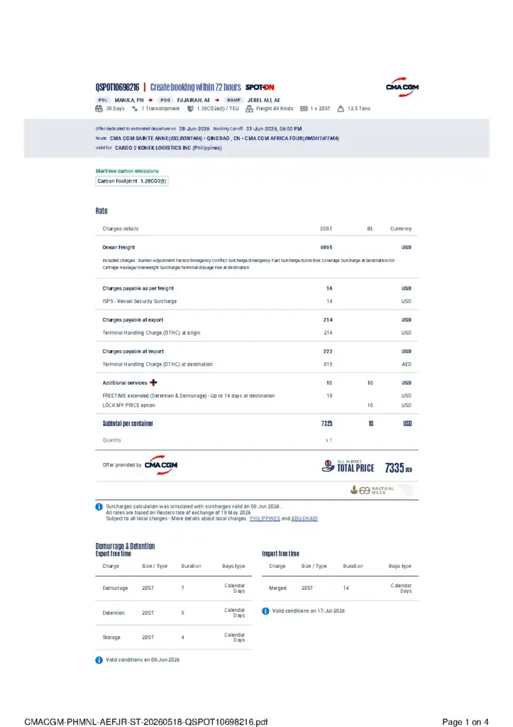 CMACGM Freight Booking Details for June 2026