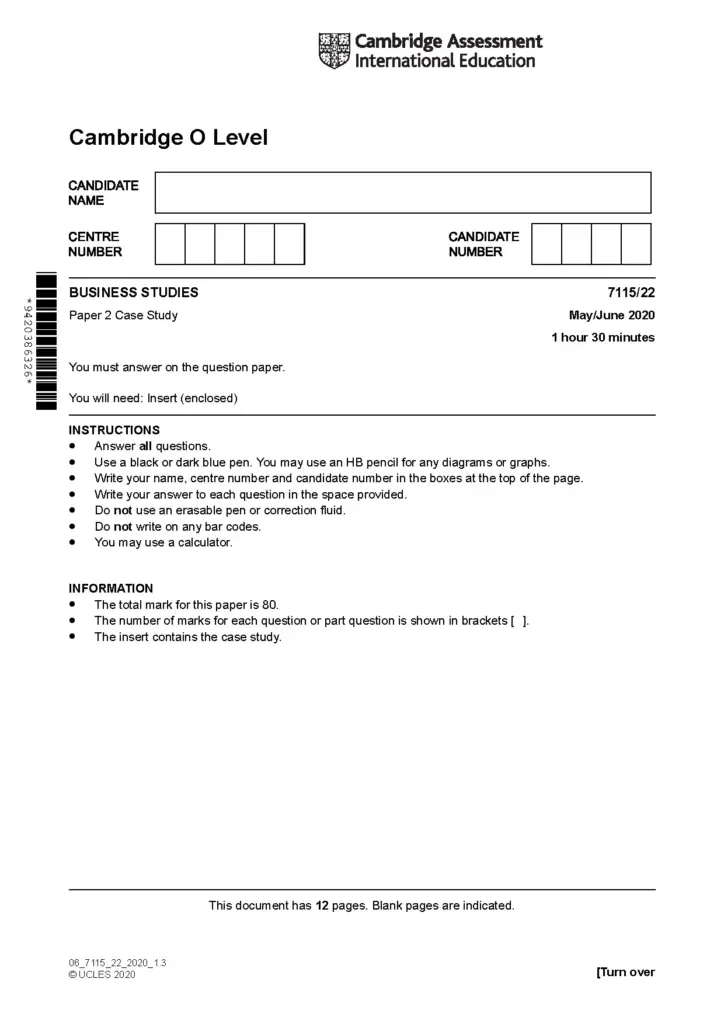 Cambridge O Level Business Studies 7115/22 Case Study 2022