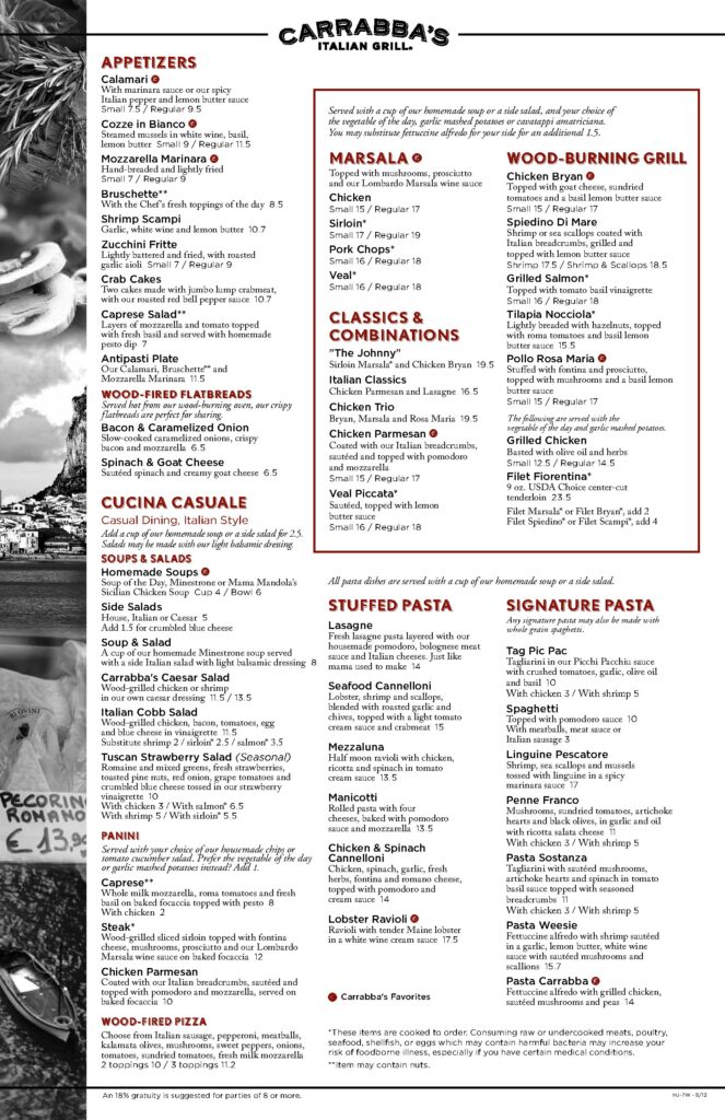 Carrabba's Italian Grill Menu and Pricing Details