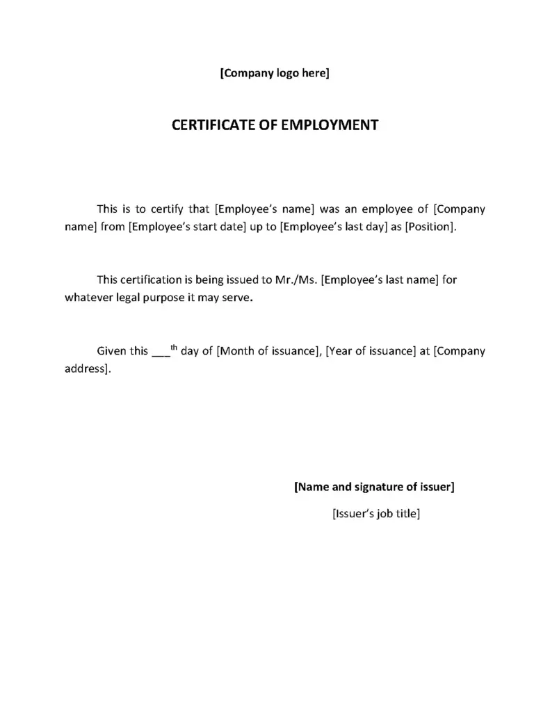 Certificate of Employment COE Template