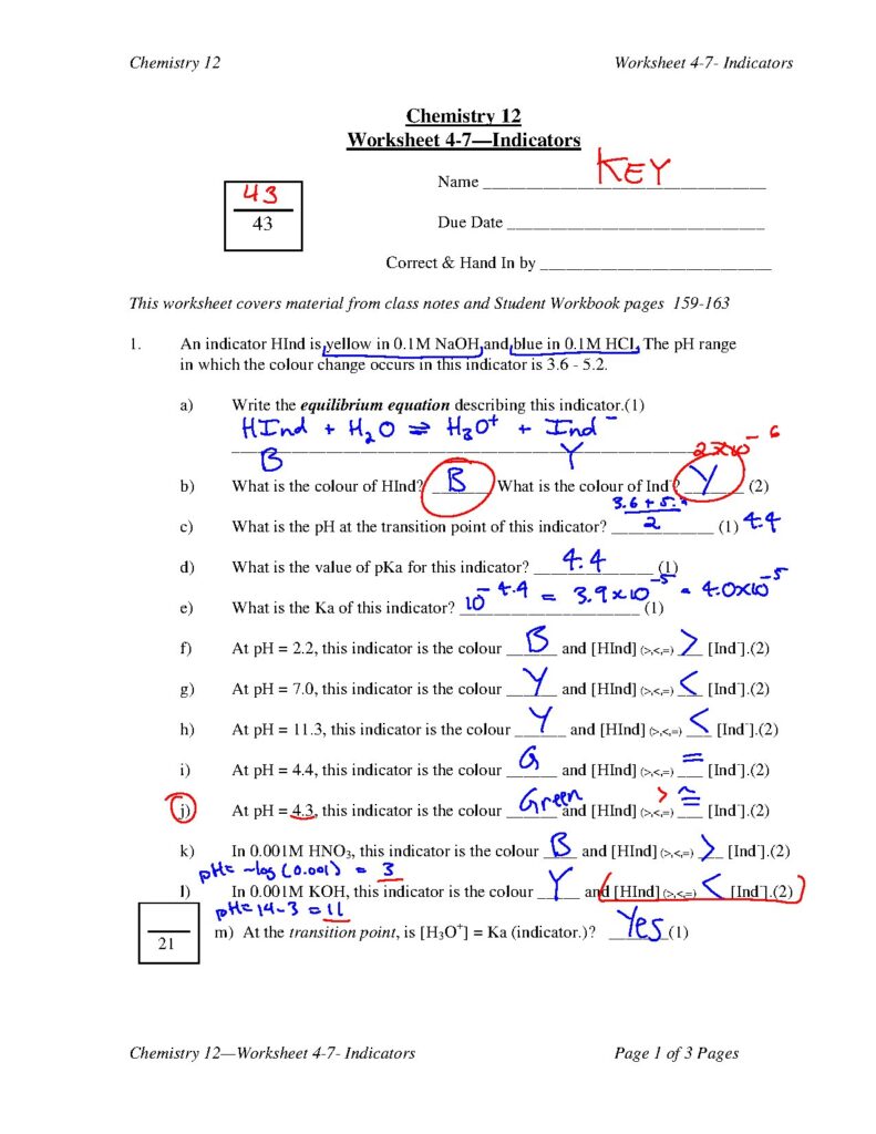 Chemistry 12 Worksheet 4-7 Indicators Answer Key