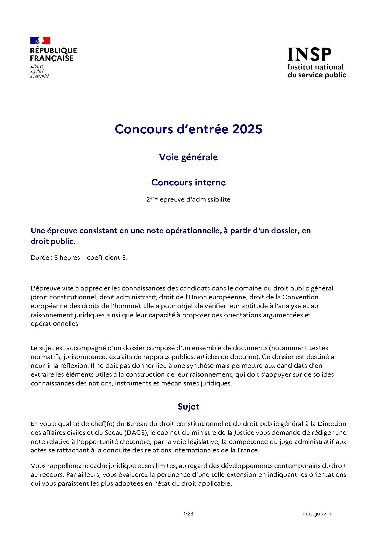Concours d'entrée 2025 Droit Public Général