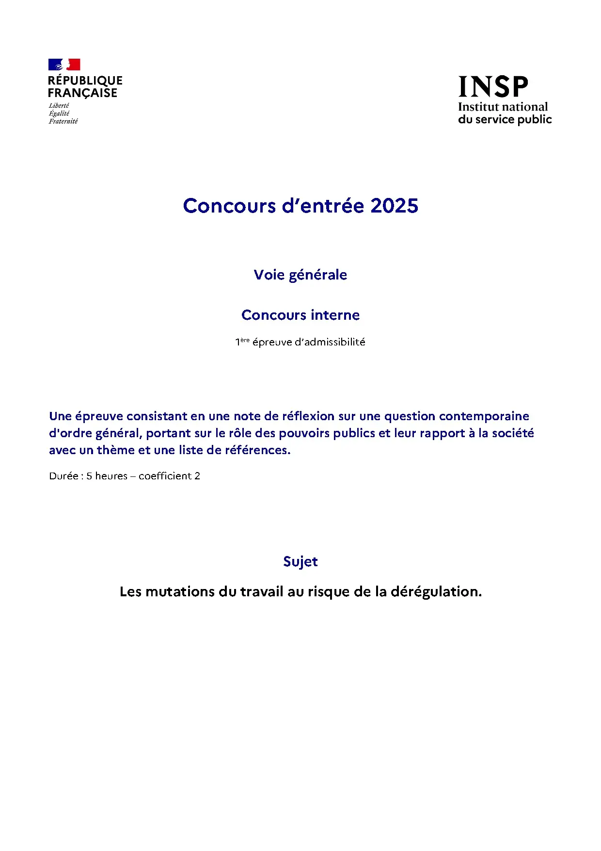 Concours d'entrée 2025 Question Contemporaine