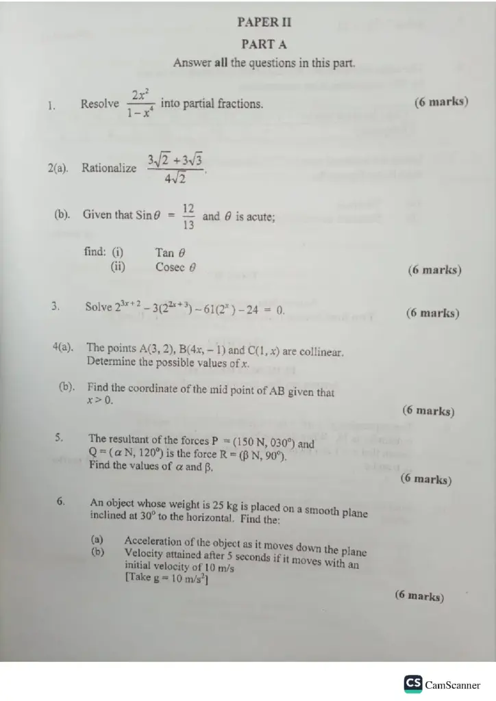 Elective Maths Examinable Questions for Wassce 2024