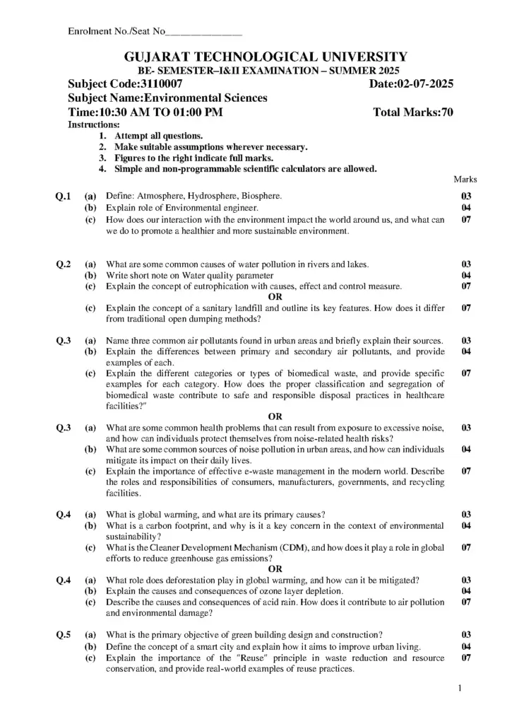Environmental Sciences Exam Summer 2025 GTU