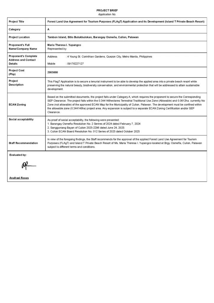 Forest Land Use Agreement for Tourism Island T Resort