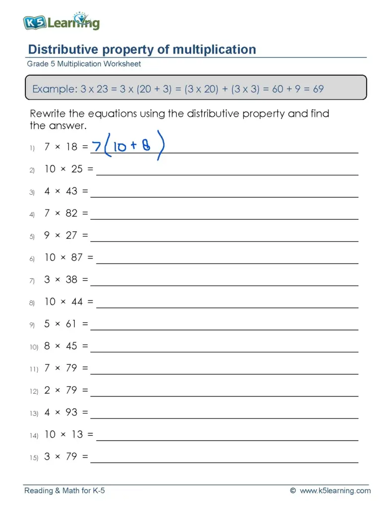 Grade 5 Distributive Property Multiplication Worksheet