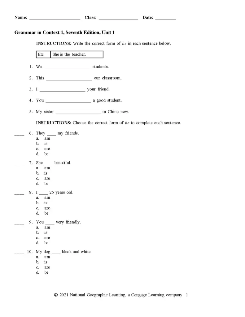 Grammar in Context 1 Unit 1 Exercises