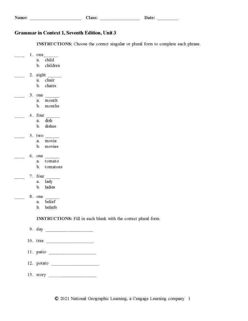 Grammar in Context 1 Unit 3 Exercises