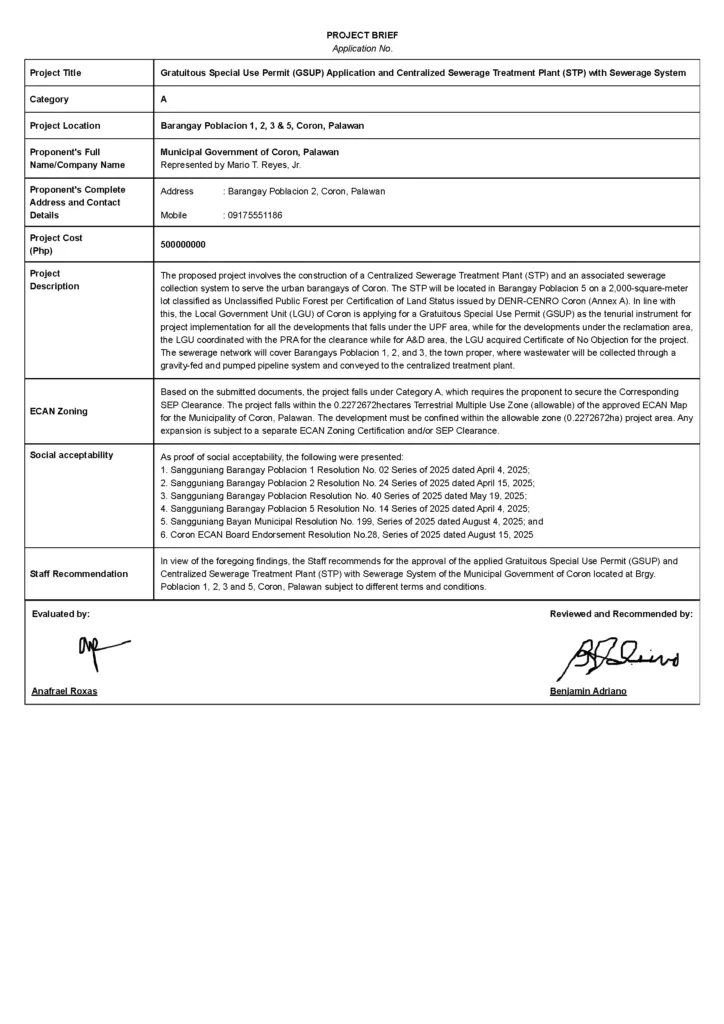 Gratuitous Special Use Permit and Centralized Sewerage Treatment Plant Coron