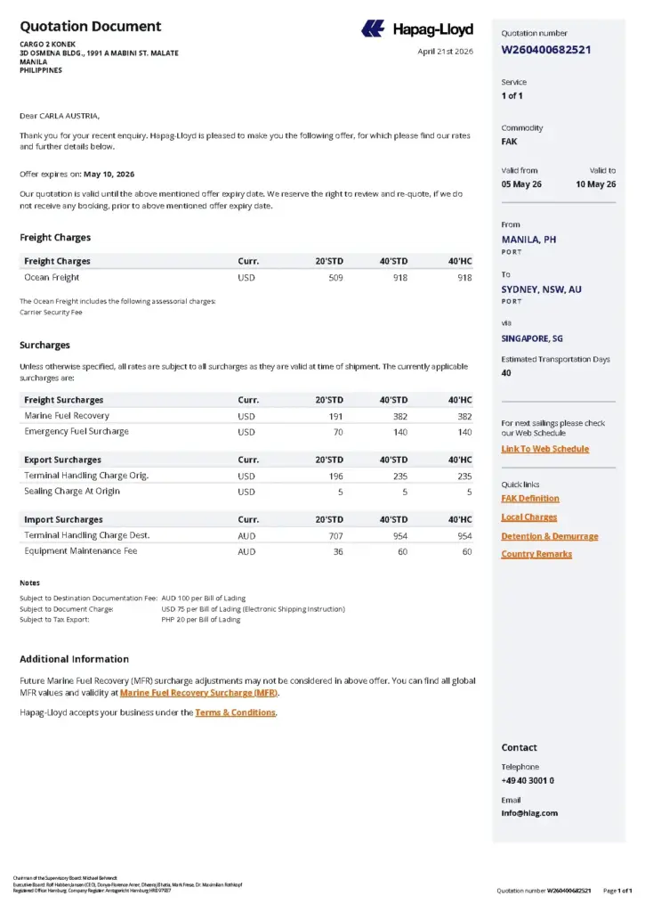 Hapag-Lloyd Quotation W260400682521 for Cargo Transport