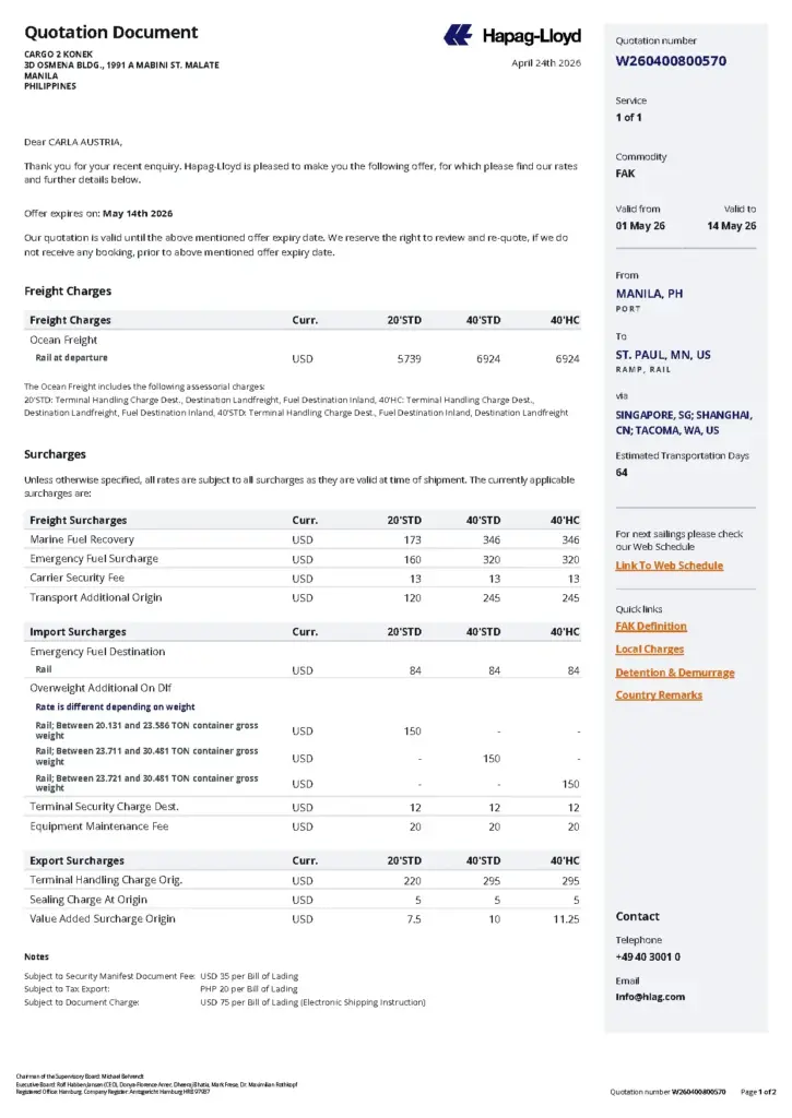 Hapag-Lloyd Quotation W260400800570 for Cargo Transport