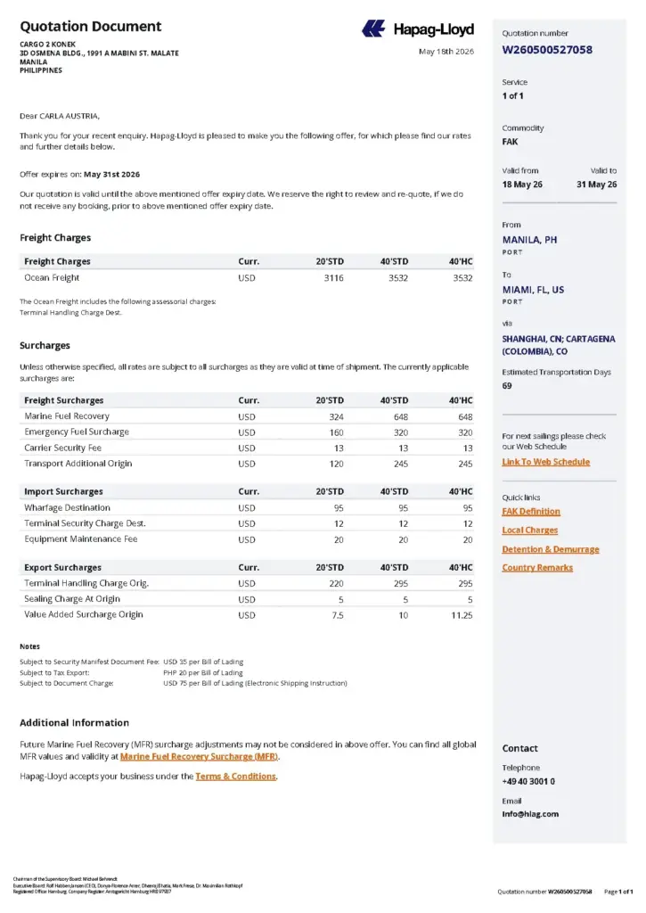 Hapag-Lloyd Quotation W260500527058 for Cargo Transport