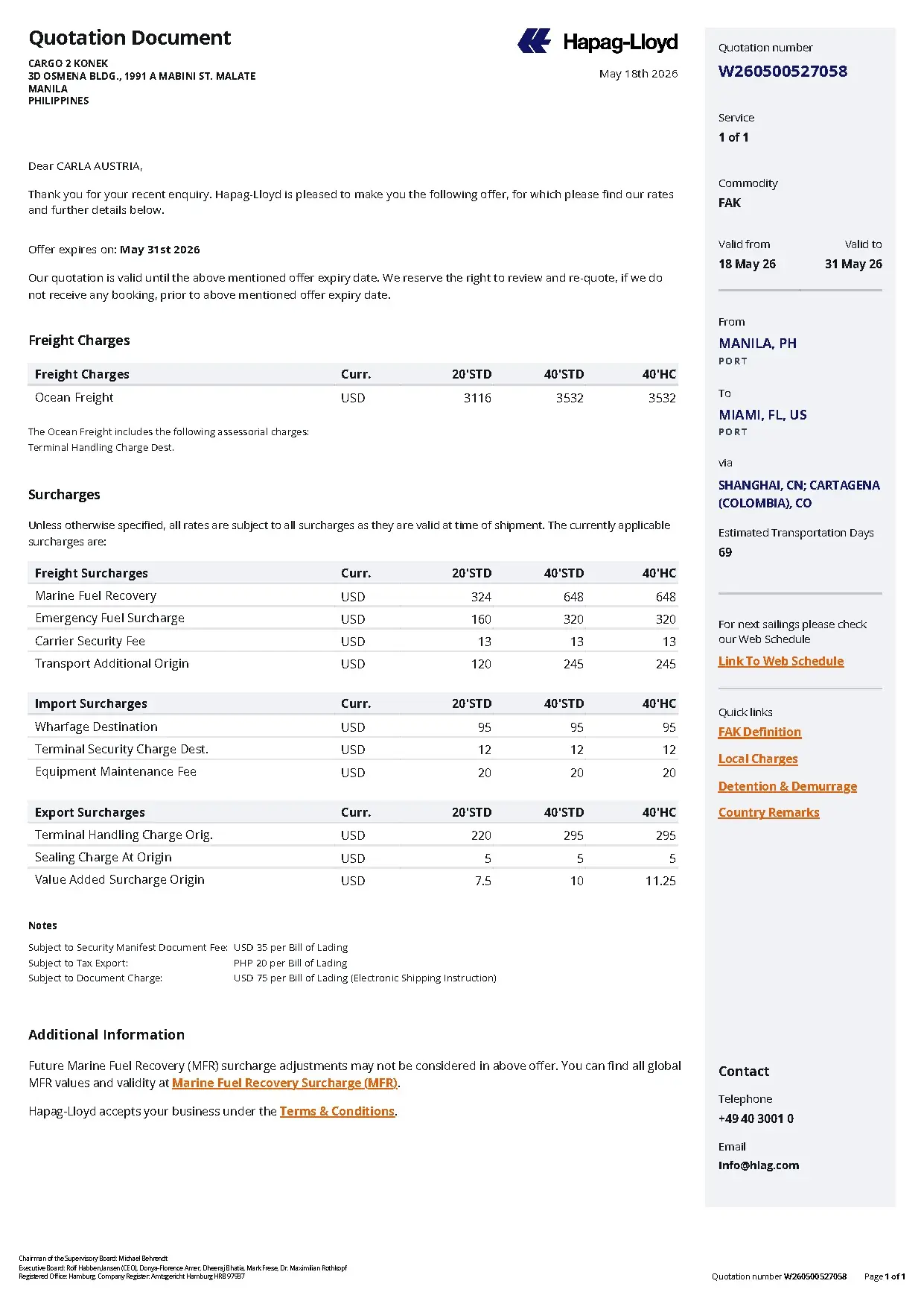 Hapag-Lloyd Quotation W260500527058 for Cargo Transport