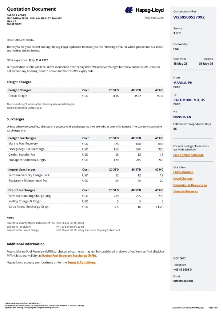 Hapag-Lloyd Quotation W260500527092 for Cargo Shipping