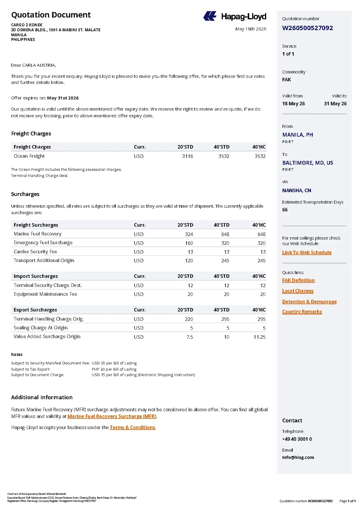 Hapag-Lloyd Quotation W260500527092 for Cargo Shipping