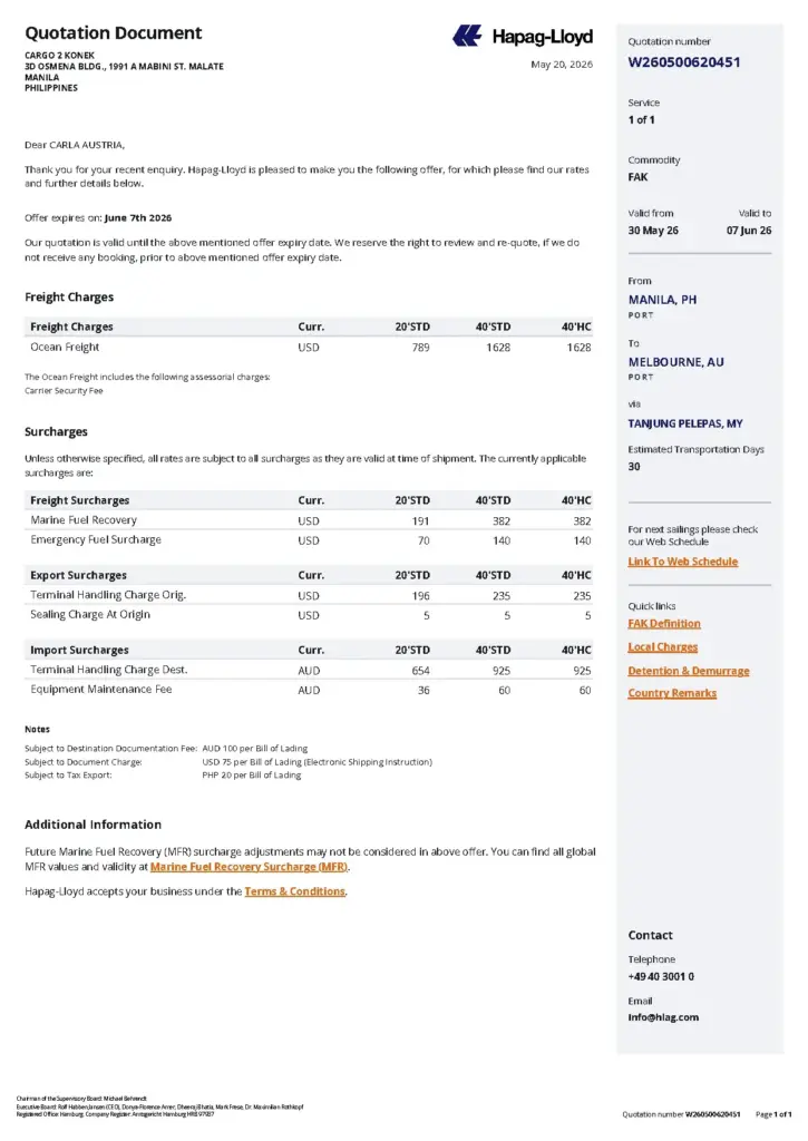 Hapag-Lloyd Quotation W260500620451 for Cargo Shipping