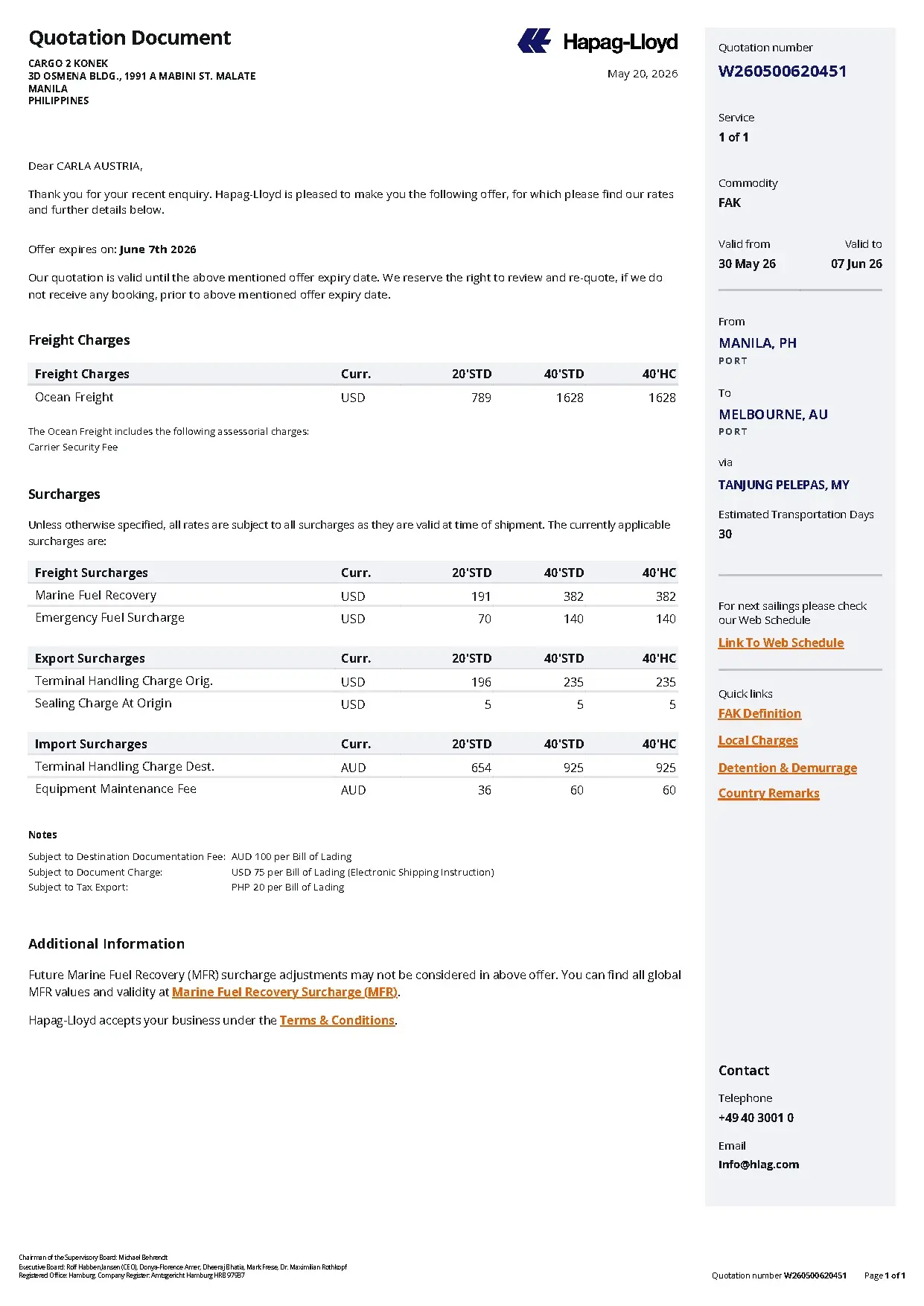 Hapag-Lloyd Quotation W260500620451 for Cargo Shipping