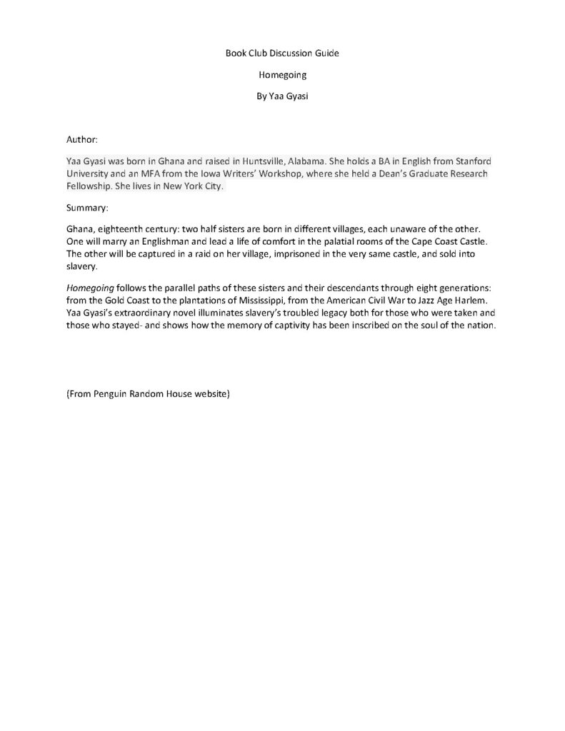 Homegoing by Yaa Gyasi Summary and Discussion Guide