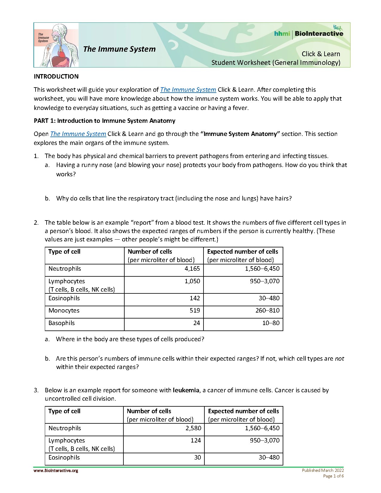 Immune System Student Worksheet General Immunology