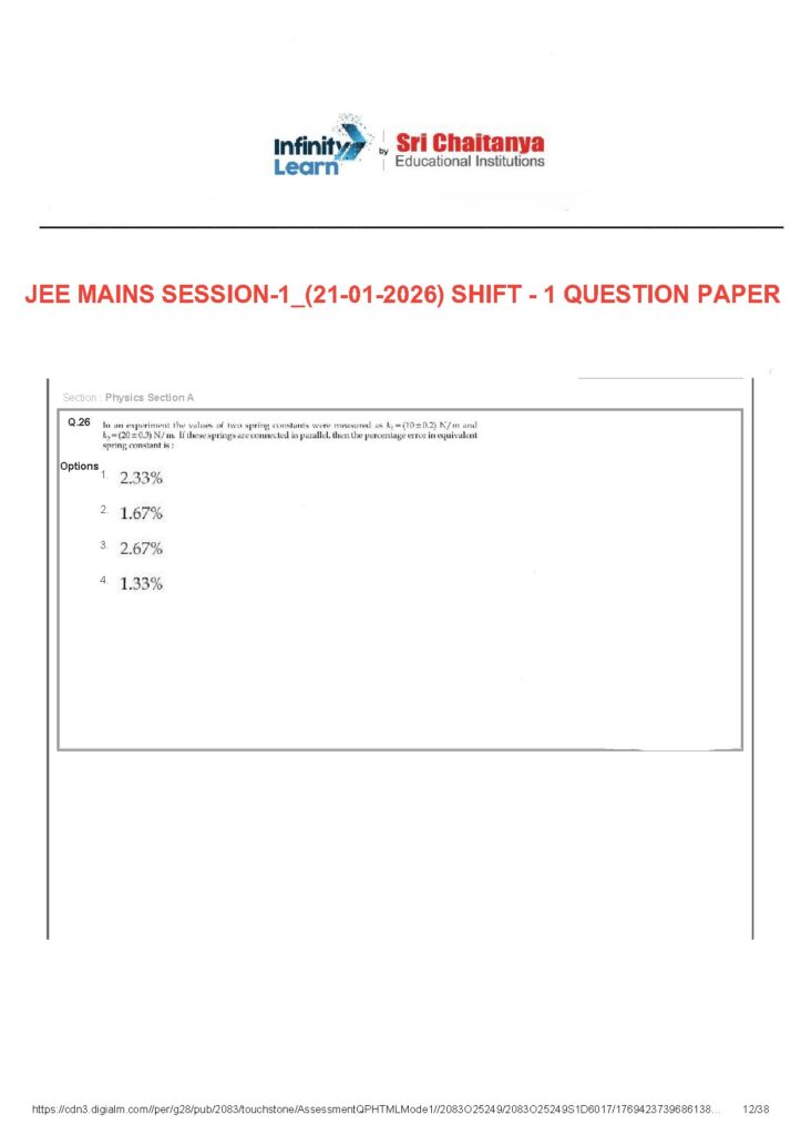 JEE Mains Session 1 January 2026 Shift 1 Question Paper