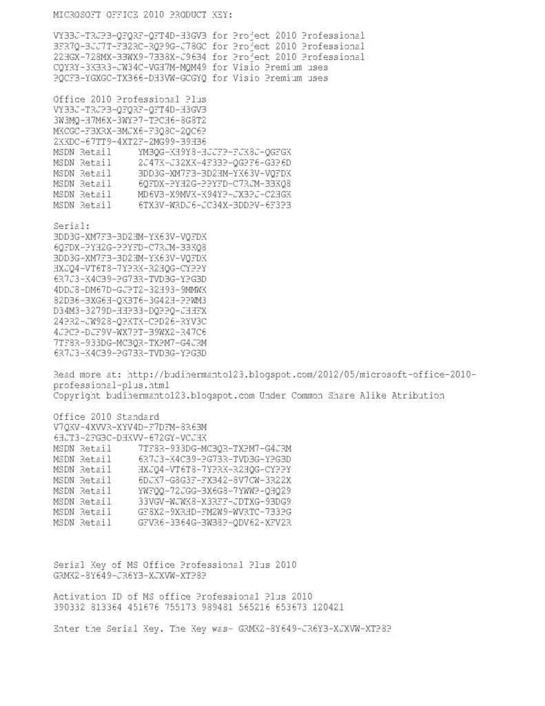 MS Office 2010 Product Keys for Activation