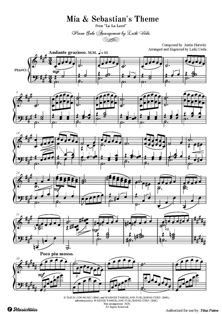 Mia & Sebastian's Theme Piano Sheet Music