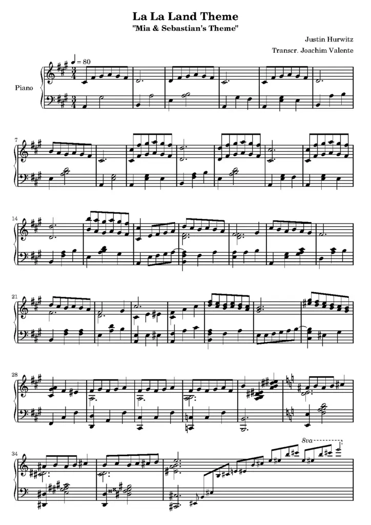 Mia and Sebastian's Theme Piano Sheet Music