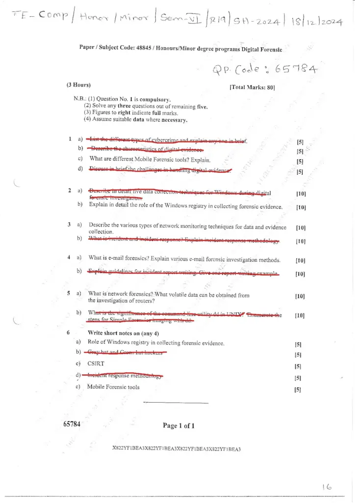 Mumbai University Digital Forensics Honours Question Paper December 2024