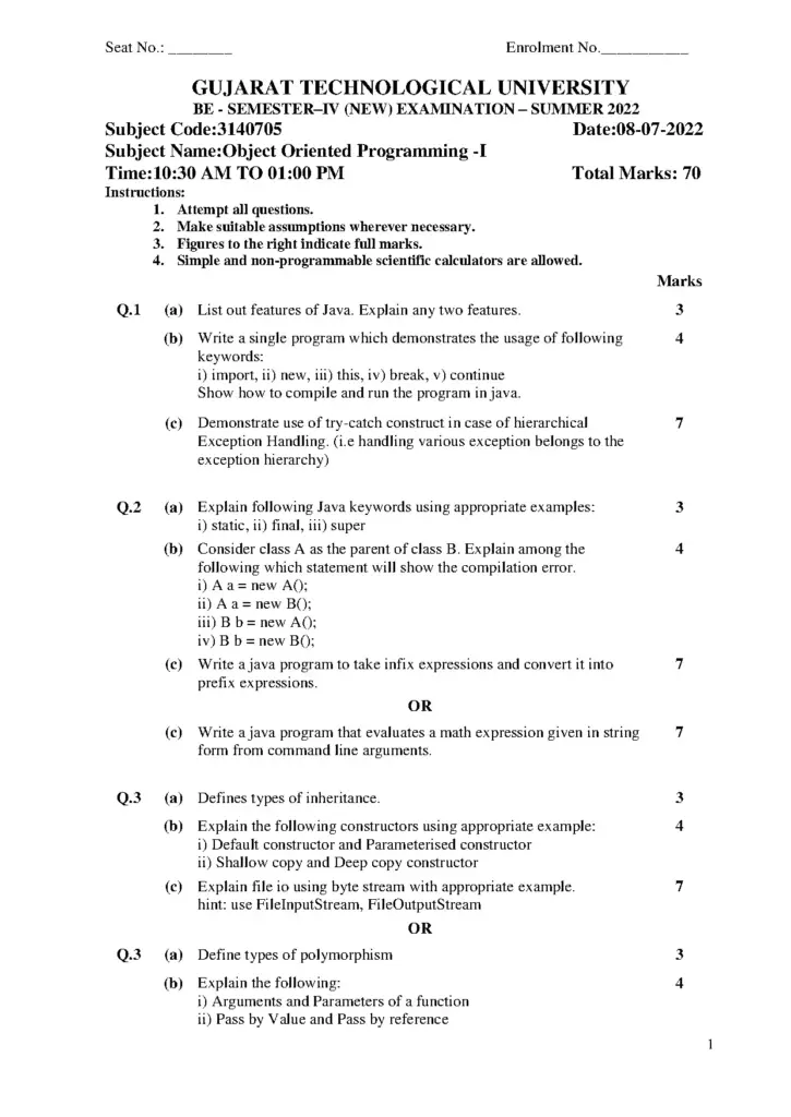Object Oriented Programming I GTU Summer 2022